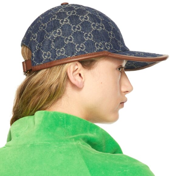 NEW GUCCI GG Monogram Denim Leather Trim Baseball Cap Hat Size M / 58 cm Authent - Picture 11 of 11